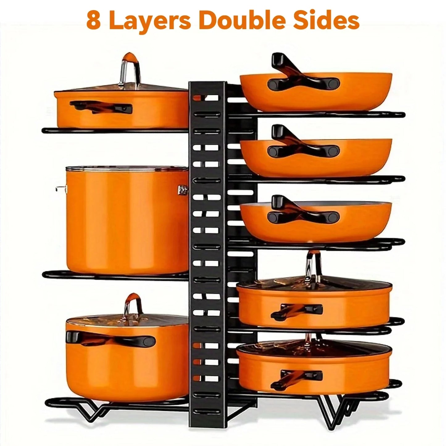8-Tier Pot Rack Organizer - Space-Saving Metal Holder for Pots, Pans & Lids Kitchen Storage