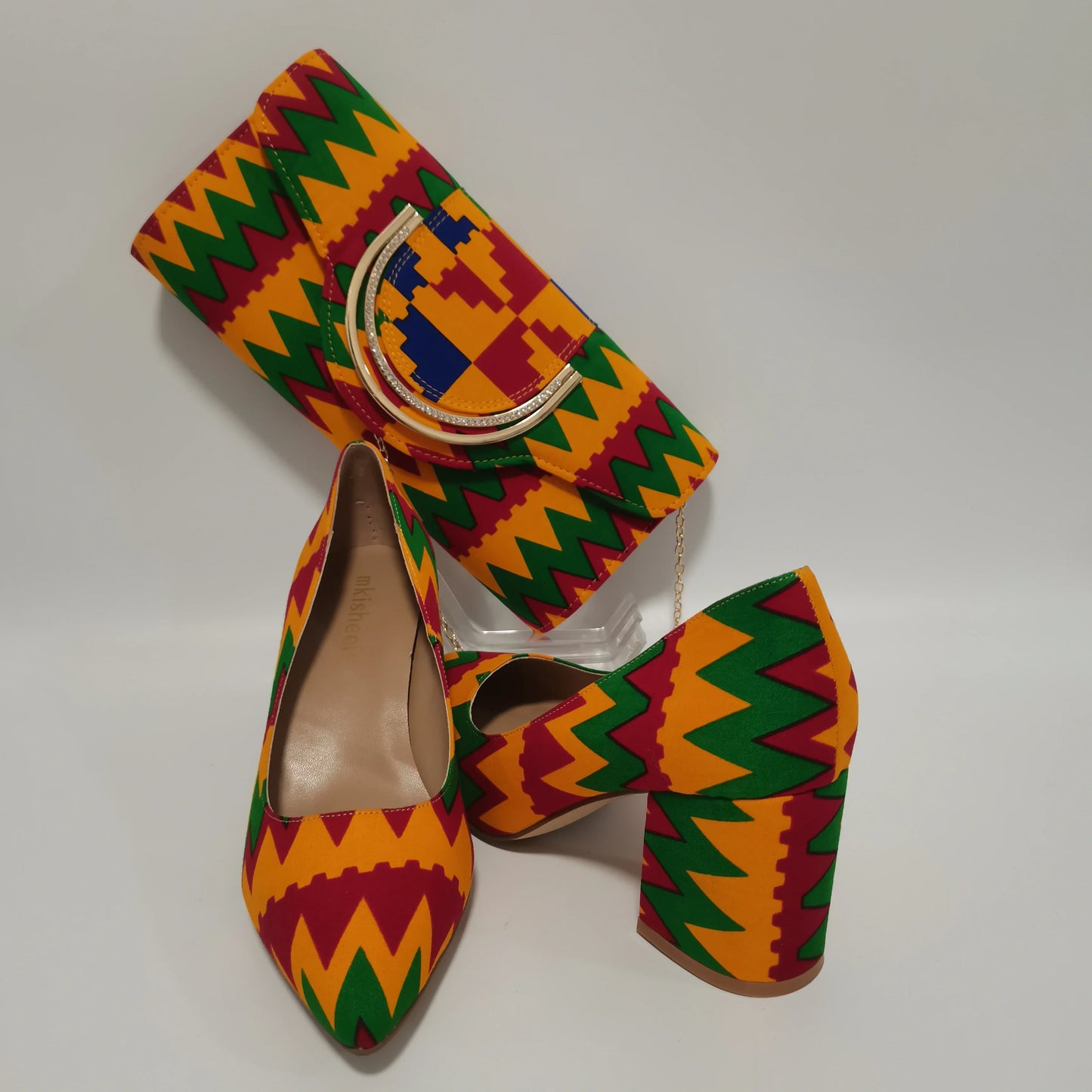 African Kente Print Women’s Shoe & Purse Set - Ankara Wax Print High Heels for Parties, Sizes 37-42