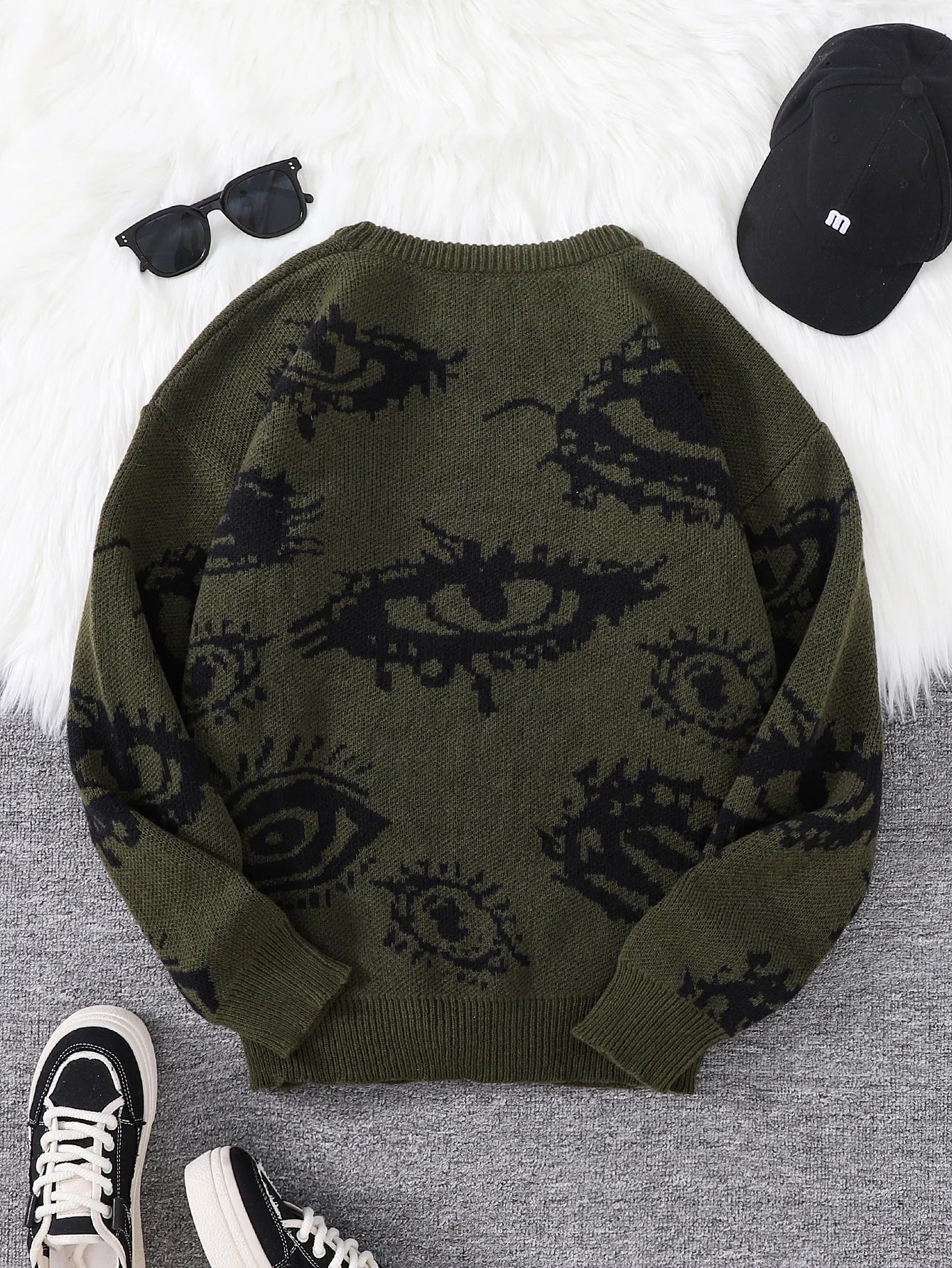 Men's Abstract Eye Jacquard Sweater - Round Neck Knitted Autumn Winter Casual Pullover Top