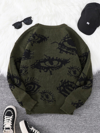 Men's Abstract Eye Jacquard Sweater - Round Neck Knitted Autumn Winter Casual Pullover Top