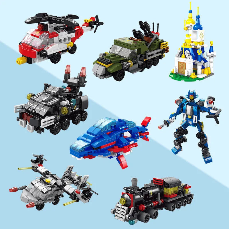 6-in-1 Police Truck Mech Dinosaur Building Blocks - Tank, Helicopter & Fire Truck Educational Toy