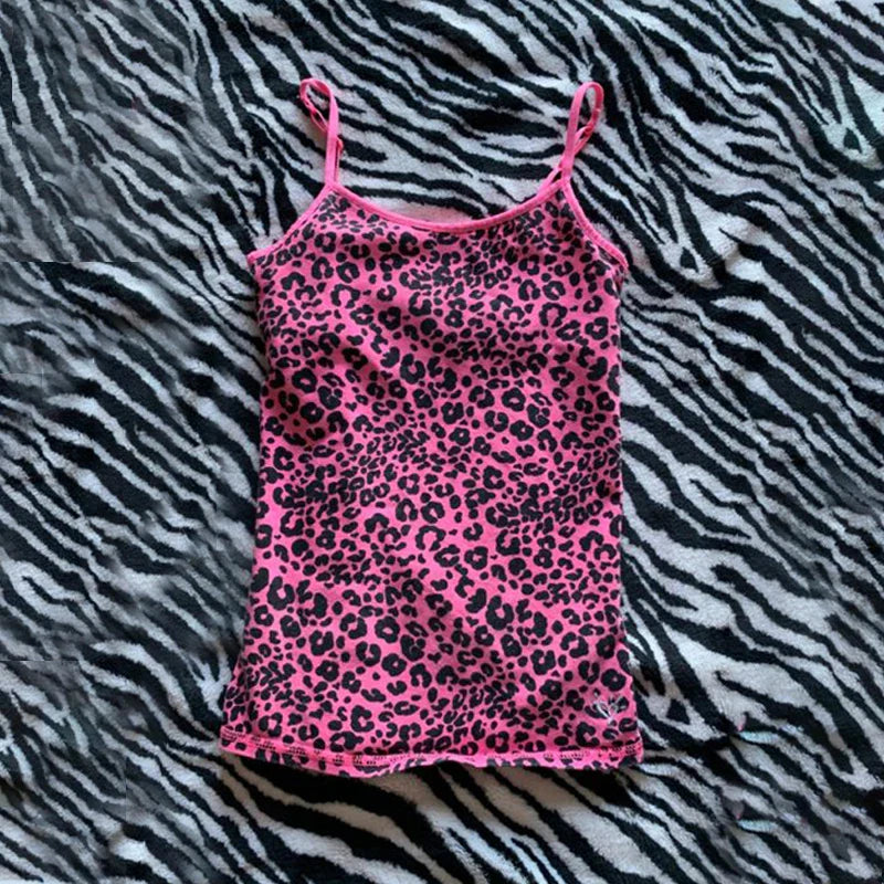 Leopard Pink Suspender Crop Top – Y2K Streetwear Emo Girl Harajuku Hip Hop Casual Women's Top