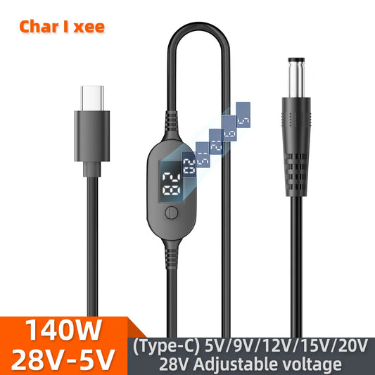 USB-C to DC Power Cable 140W - Adjustable Voltage Adapter 5V/9V/12V/15V/20V/28V for Laptops & Routers