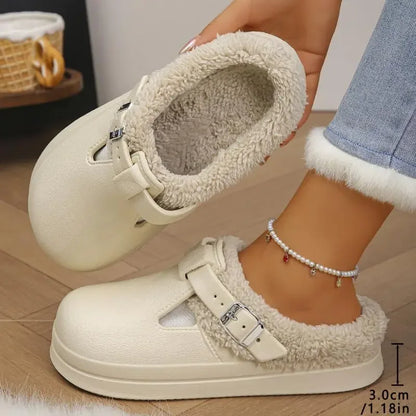Women’s Winter Plush Mules Slippers - Waterproof EVA Furry Slides with Warm Lining, Metal Buckle & Non-Slip Sole