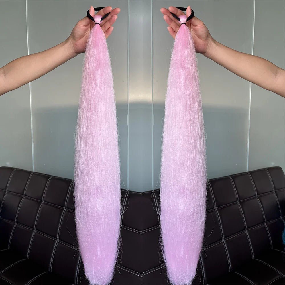 Synthetic Colorful Ponytail Extensions – Long Straight Braided Hairpieces with Rubber Band for Women