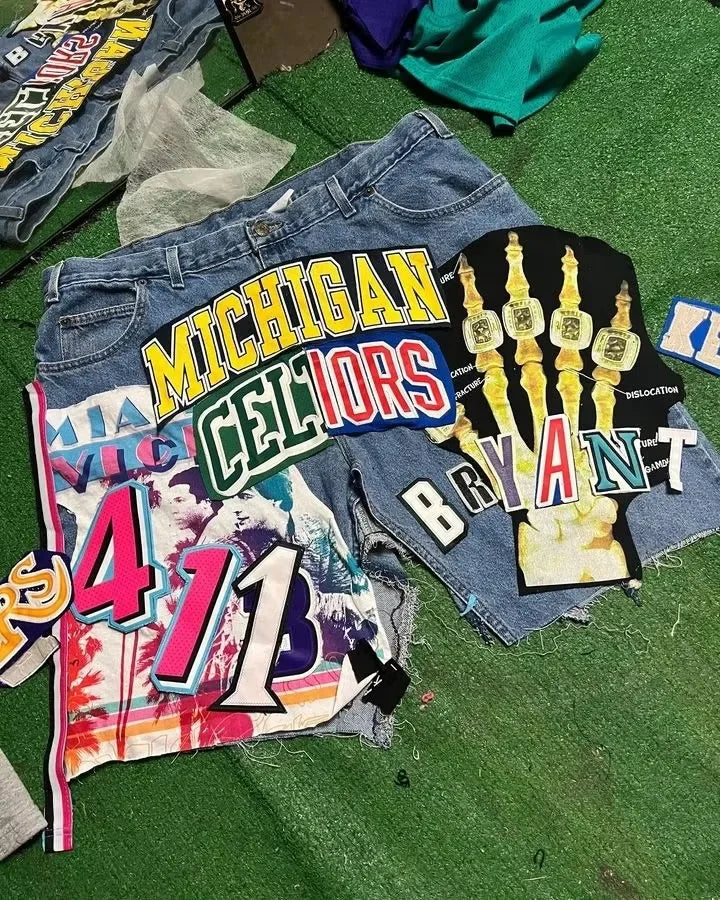Streetwear Retro Patchwork Denim Shorts – Y2K Hip Hop Cartoon Graphic Loose Fit Jeans for Men & Women