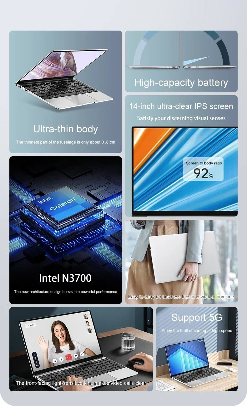 14.1” Ultra Slim Laptop – 16GB RAM, 2TB SSD, Intel N3700, 1920x1080 Display, Windows 11 Pro