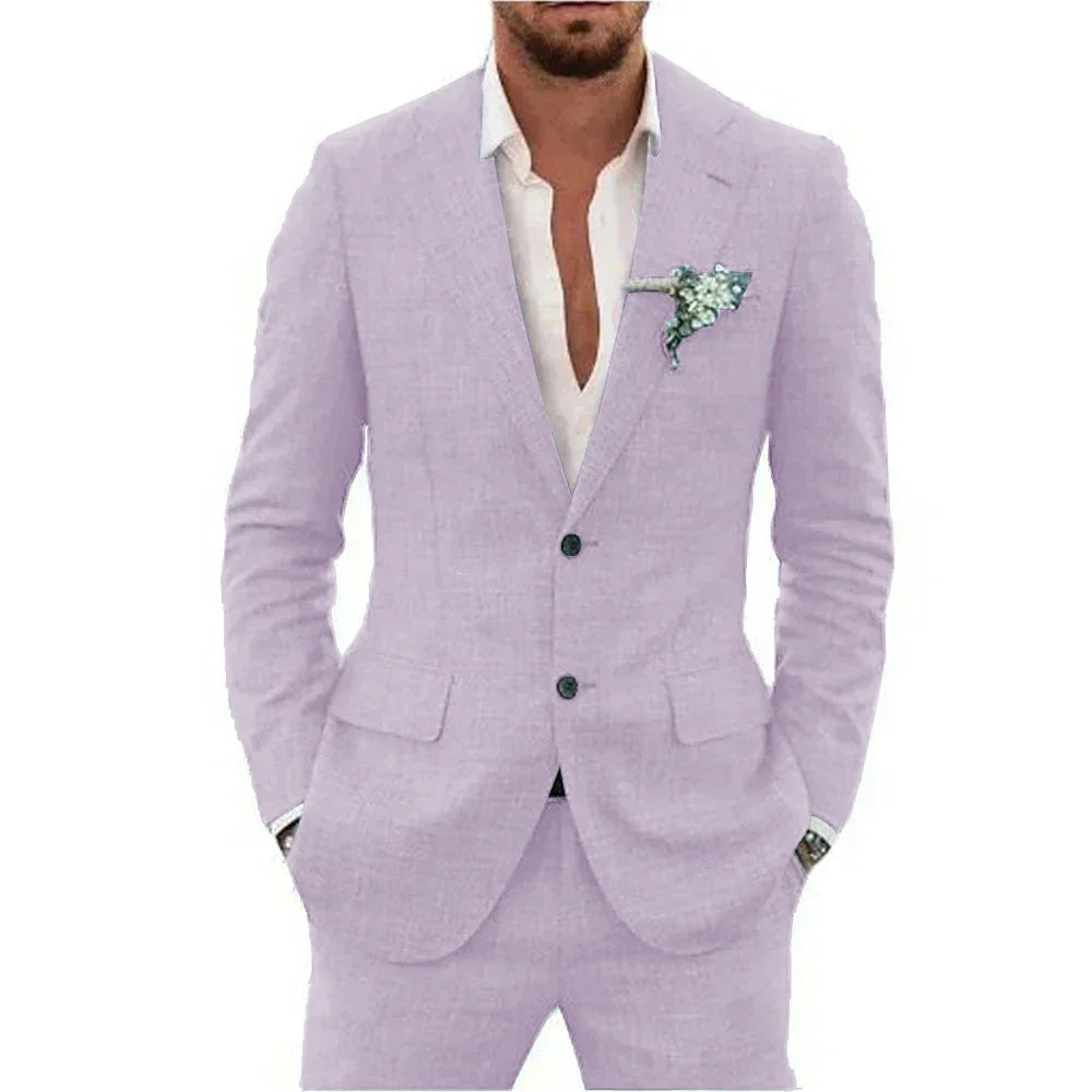 Men's Linen Suit Set - Slim Fit Notched Lapel 2 Piece Wedding & Beach Tuxedo Outfit For Summer Casual Formal Wear