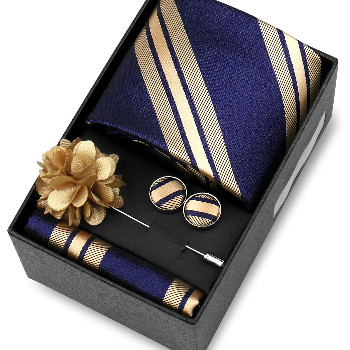 Elegant Men’s Necktie Gift Set - Fashion Tie with Handkerchief, Cufflinks & Brooch Pin Accessories for Business & Wedding
