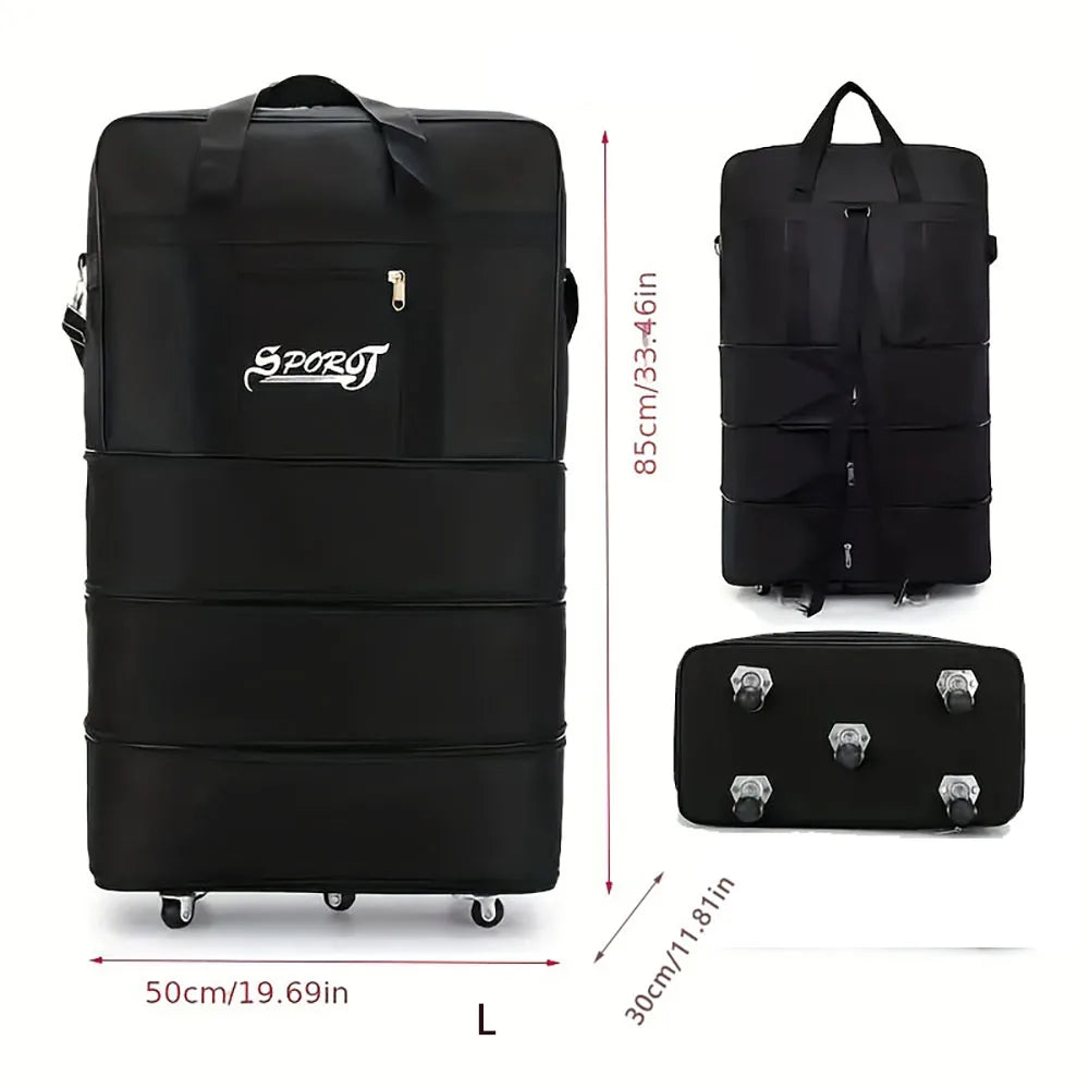 Foldable Trolley Travel Bag with Wheels – Expandable Black Luggage for Men & Women, Ideal for Weekend Trips & Overnight Travel