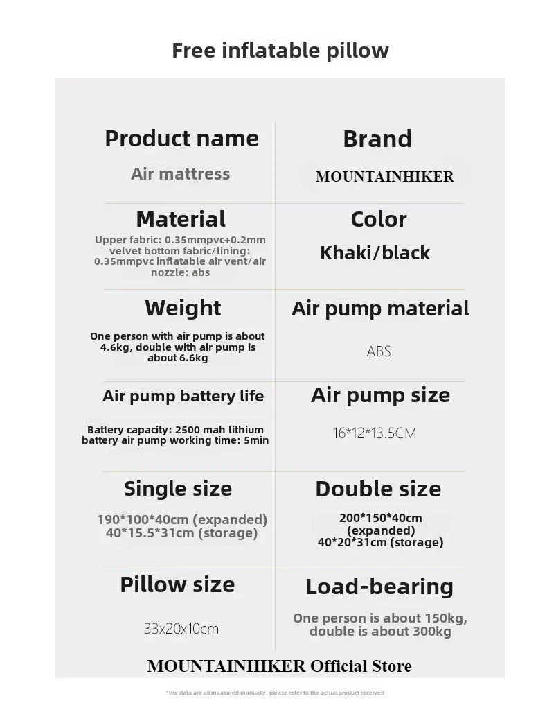 MOUNTAINHIKER 2025 Inflatable Air Mattress – PVC Glamping Sleeping Mat with Built-in Pump for 1-3 Persons