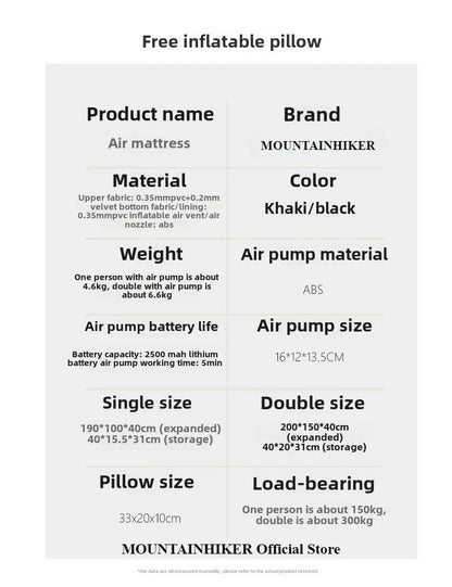 MOUNTAINHIKER 2025 Inflatable Air Mattress – PVC Glamping Sleeping Mat with Built-in Pump for 1-3 Persons