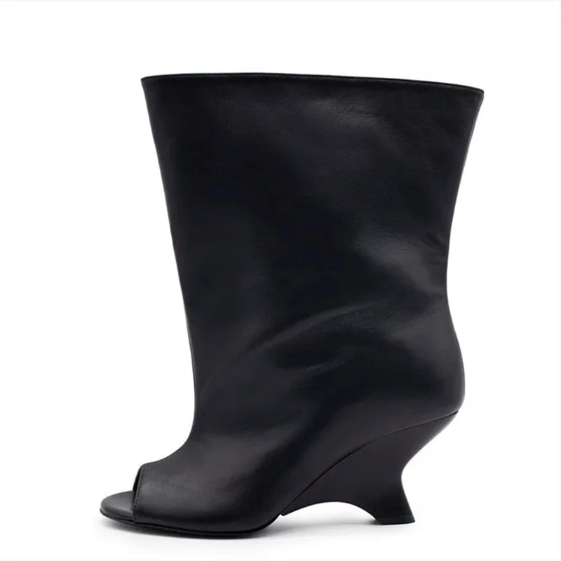 Women’s Knee-High Suede Boots - Peep Toe Wedge Heels for Party, Wedding & Versatile Style