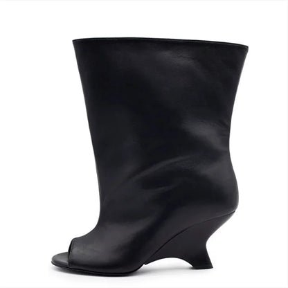 Women’s Knee-High Suede Boots - Peep Toe Wedge Heels for Party, Wedding & Versatile Style