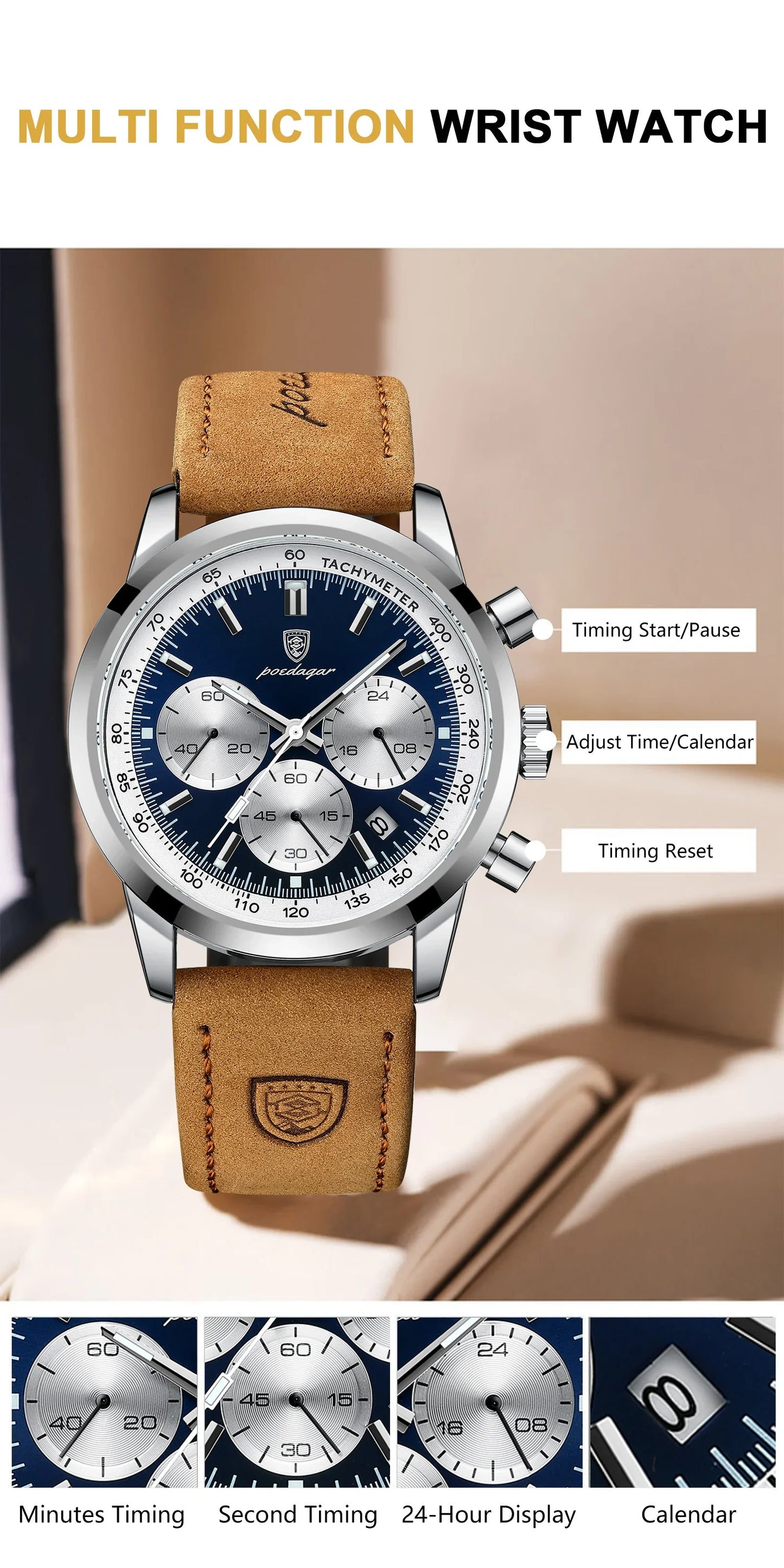 POEDAGAR Men's Luxury Sports Watch – Genuine Leather, Chronograph, Waterproof, Luminous Quartz Wristwatch