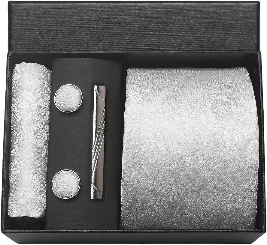 100% Silk Paisley Floral Necktie Set for Men - Premium Business Tie with Pocket Square Tie Clip Cufflinks Gift Box