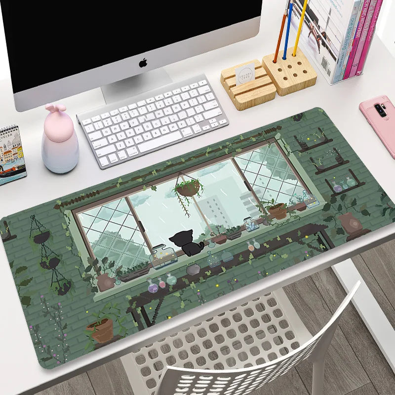 Cute Cat Gaming Mouse Pad - XL Green Plant Design XXL Desk Mat for Keyboard Computer Laptop Gamer Setup