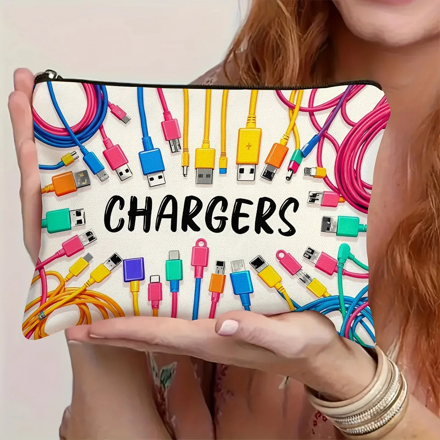 Vibrant Cable & USB Storage Bag - Durable Zipper Pouch with "CHARGERS" Print