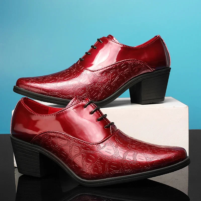 Luxury Red High Heel Men’s Dress Shoes - Pointed Toe Leather Moccasin Wedding Oxford Shoes