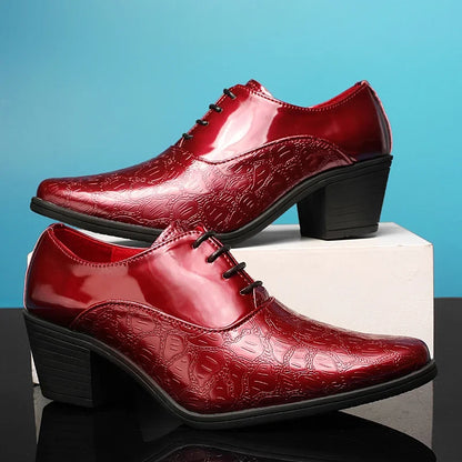 Luxury Red High Heel Men’s Dress Shoes - Pointed Toe Leather Moccasin Wedding Oxford Shoes