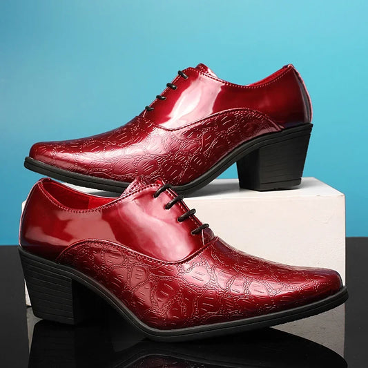 Luxury Red High Heel Men’s Dress Shoes - Pointed Toe Leather Moccasin Wedding Oxford Shoes