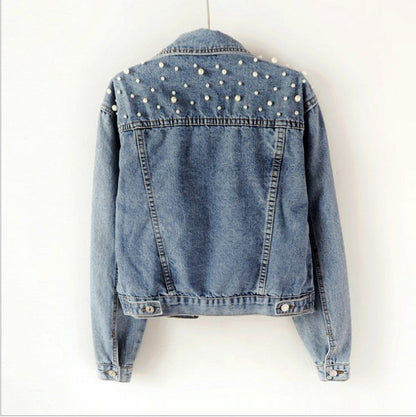 2024 Women's Short Denim Jacket – Beaded Pearl Design, Loose Fit for Spring & Autumn, New Denim Jacket