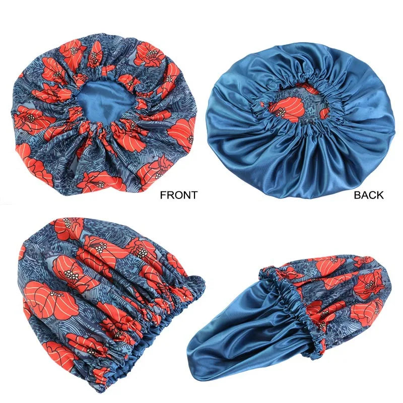 Women’s Double-Layer Satin Bonnet - African Ankara Floral Print Adjustable Reusable Sleep Cap for Hair Care