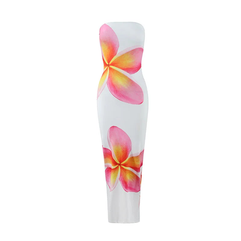 Women’s Floral Strapless Maxi Dress - High Waist Slim Fit Summer Vacation & Evening Party Dress
