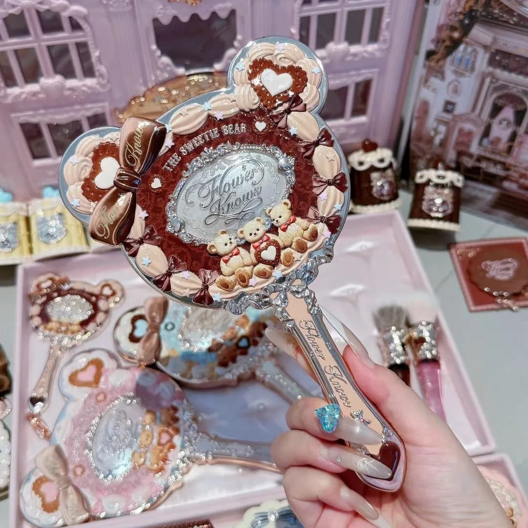 Flower Knows Sweetie Bear Handheld Mirror – 3 Styles, Exquisite Relief Design, Cute HD Makeup Tool