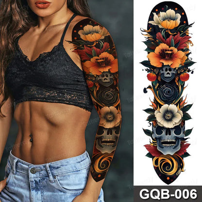 Full Arm Dragon Skull Tattoo Sleeve - Waterproof Temporary Body Art Sticker with Clock Compass Flower Design for Men & Women