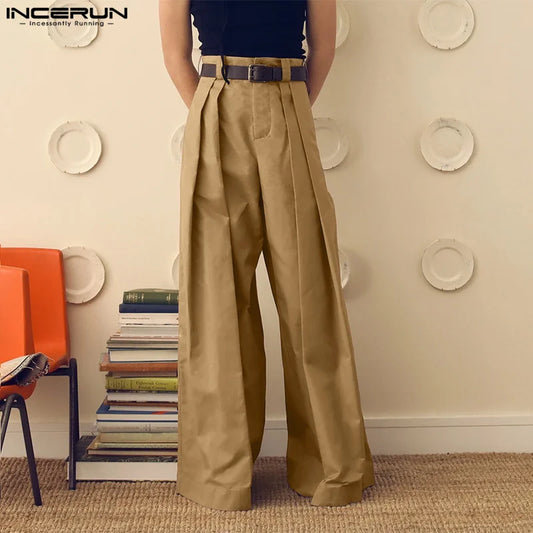 INCERUN Men Wide Leg Pants - Loose Pleated Casual Streetwear Button Trousers S-5XL