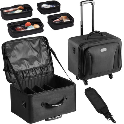 SucceBuy Rolling Makeup Train Case – Waterproof Oxford Makeup Organizer with Handle, Wheels & Carry Strap