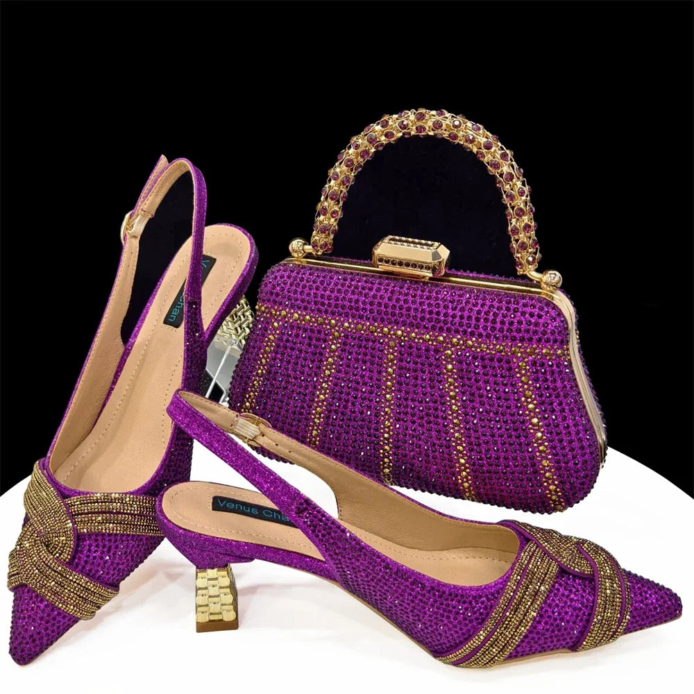 Venus Chan Women’s Champagne Shoe & Bag Set - Rhinestone Heels and Handbag for Nigerian Parties & Weddings