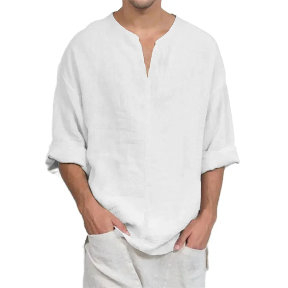 Men’s Cotton Linen V-Neck T-Shirt - Lightweight Breathable Long Sleeve Casual Solid Color Comfort Top