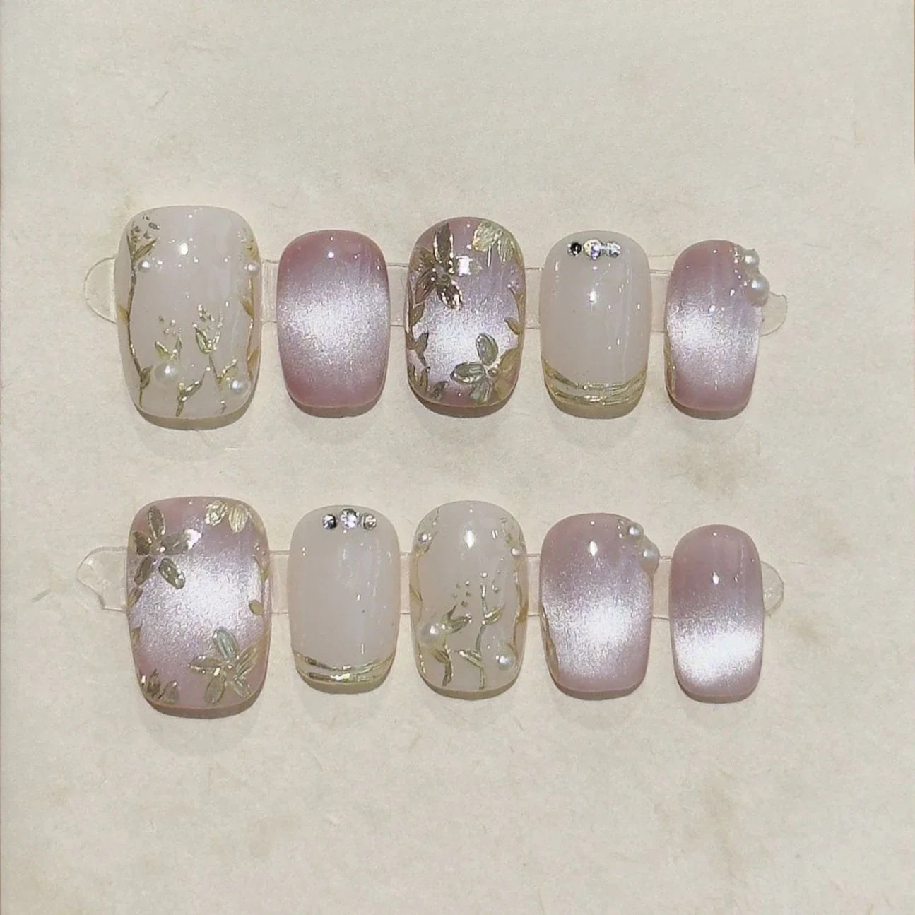 10 Pcs Handmade Short Square Press-On Nails – Full Cover Flower & Cat Eye Ballet False Nails Manicure Tips