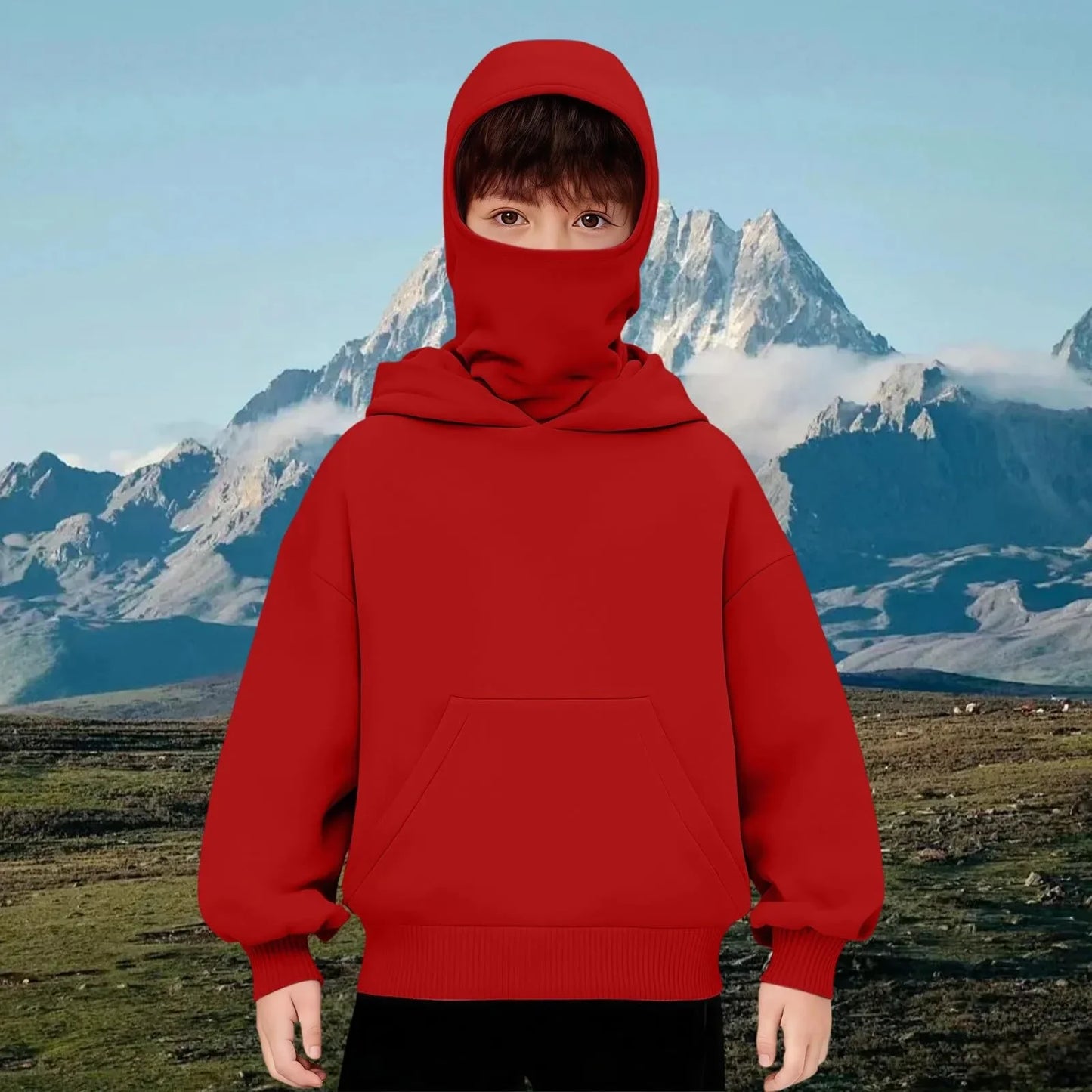 Kids Hooded Balaclava Sweatshirt - Harajuku Double Hat Long Sleeve Hoodie for Boys & Girls Ages 5-15