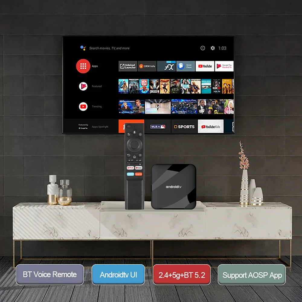 Android 14 TV Box 8K 4K Set Top — Bluetooth 5.2, 4GB RAM, 64GB Storage, S905W2 Quad Core, Dual WiFi, Voice Remote Media Player