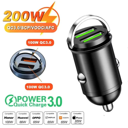 100W/200W Fast Car Charger - QC3.0 PD USB Type C Adapter for Xiaomi Samsung Huawei iPhone & 12-24V Vehicles