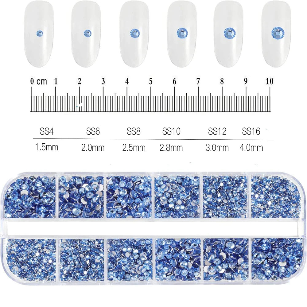 12-Grid Mixed Nail Rhinestones SS6-SS30 – Shiny Flat-Back Gems in Clear, Gold, Pink & Blue for Nail Art Decoration