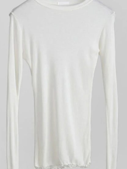 High Quality Women's Plain Cotton T-Shirt - Elastic Basic Long Sleeve Casual Top, Sexy Thin See-Through Tee