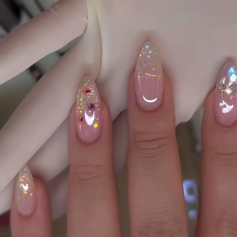 24pcs Goldfish Pattern Almond Press-On Nails – Simple Nude Pink Wearable Detachable False Nail Manicure Set