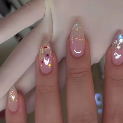 24pcs Goldfish Pattern Almond Press-On Nails – Simple Nude Pink Wearable Detachable False Nail Manicure Set