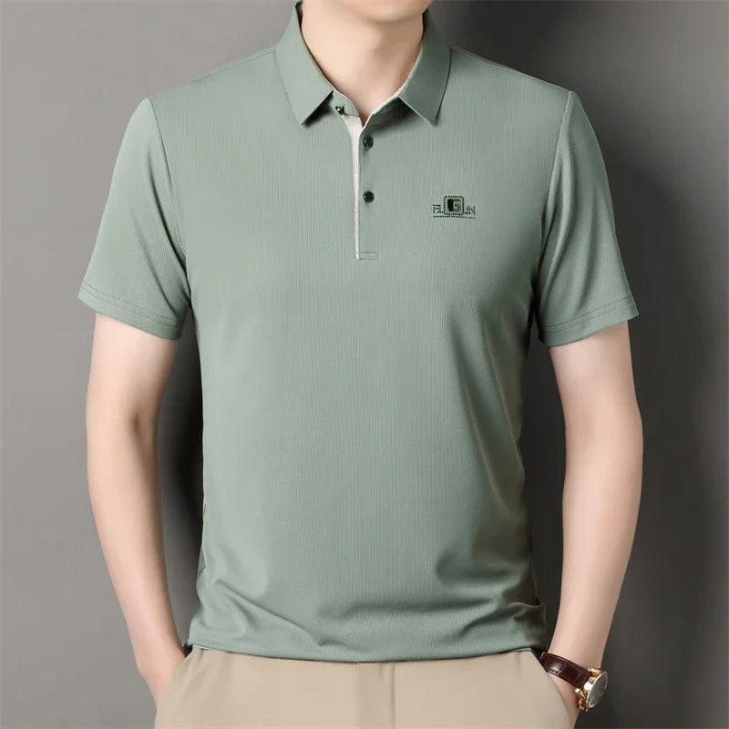 Men's Business Casual Short Sleeve Polo Shirt - Solid Color Breathable Badge Polo Top