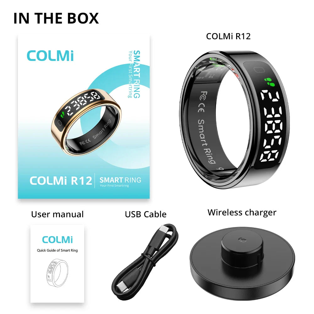 COLMI R12 Smart Ring with Touch Display – Health Manager, Wireless Charging, 5 ATM Waterproof for Men & Women
