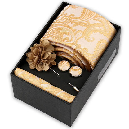 Men’s 4-Piece Tie Set Gift Box - Elegant Necktie with Handkerchief, Cufflinks & Brooch for Business, Wedding & Suit Accessories