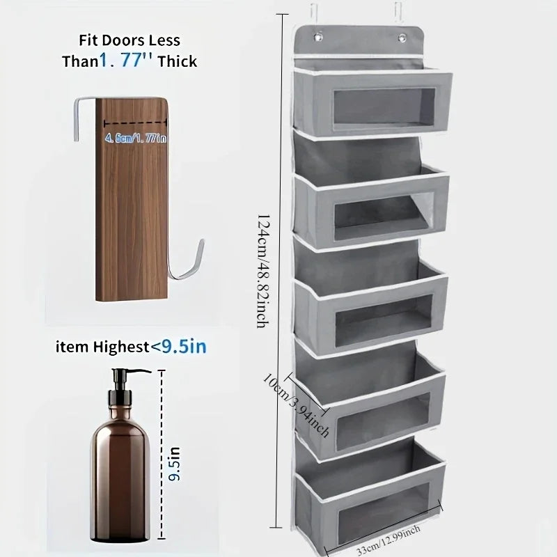 5-Shelf Hanging Door Organizer - Anti-Tilt Large Capacity Storage Pockets for Bedroom & Bathroom