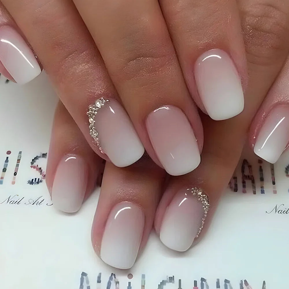 24Pcs Square Press On Nails - Nude White Gradient French False Nail Tips with Full Cover Short Design