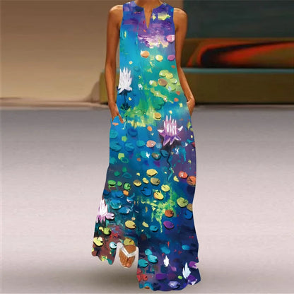 Vintage Boho Maxi Dress - Women's Summer V Neck Sleeveless Long Sundress with Pockets