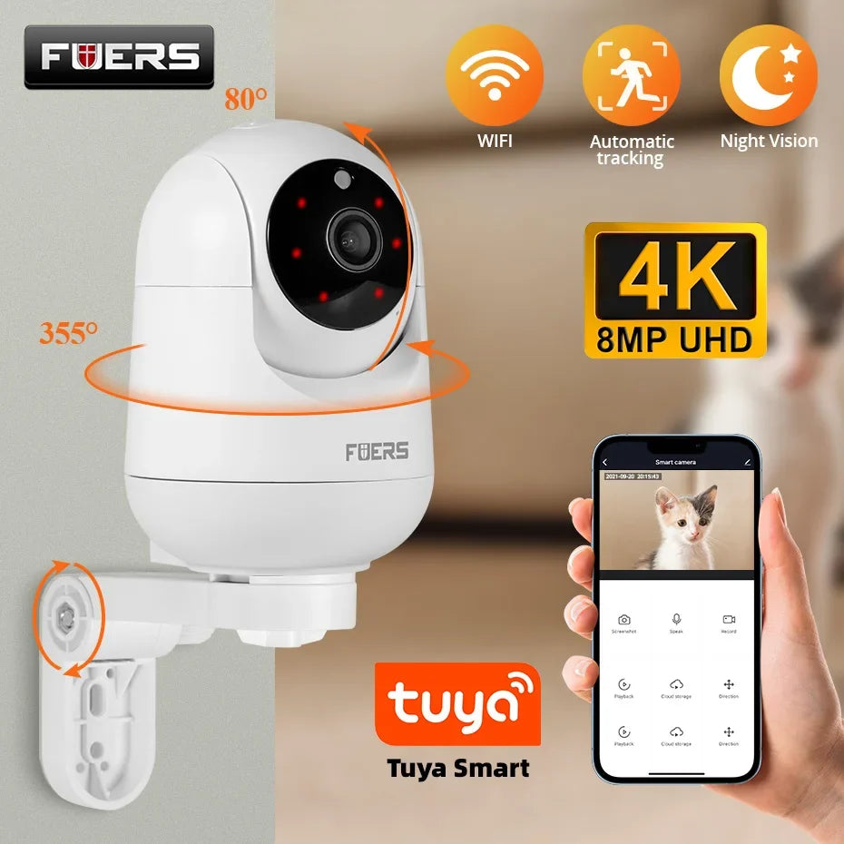 FUERS 4K 8MP WiFi Pet Camera - Tuya Smart Wireless Home Security & Baby Monitor Camera