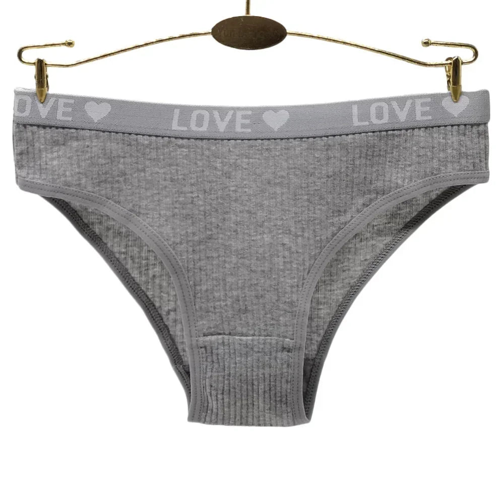 6PCS Women’s LOVE Ribbed Cotton Panties - Comfortable Low Waist Brief Underwear Set for Everyday Wear